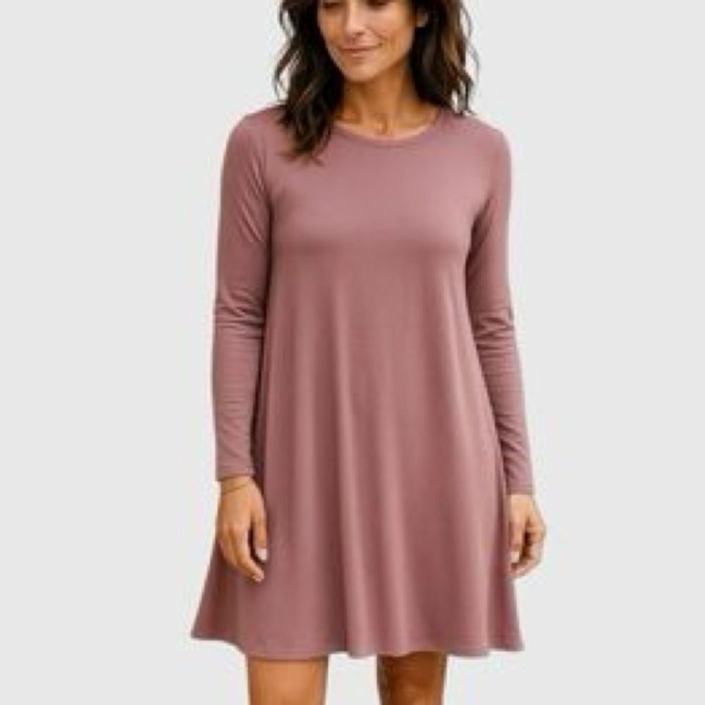 Free Fly Apparel Bamboo Journey All Day Mauve Long Sleeve Swing Dress Soft M